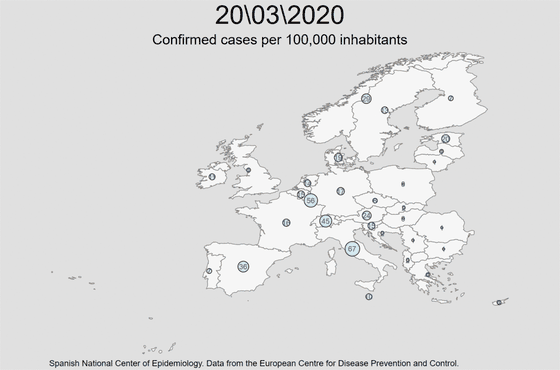 Mapa de puntos proporcionales animado de Europa